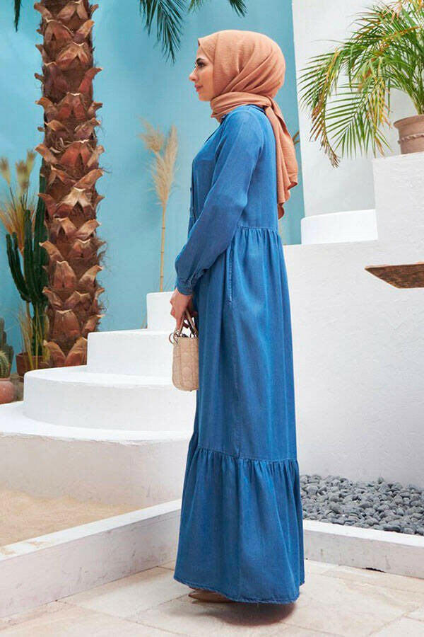 Button Front Designed Long Maxi Dress - In Soft Cotton Denim with Long Sleeves - By Baano