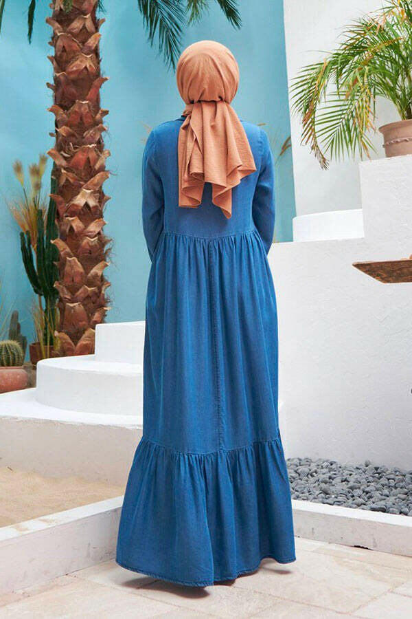 Button Front Designed Long Maxi Dress - In Soft Cotton Denim with Long Sleeves - By Baano