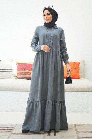 Button Front Designed Long Maxi Dress - In Soft Cotton Denim with Long Sleeves - By Baano