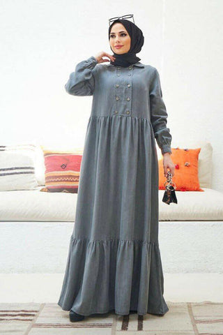 Button Front Designed Long Maxi Dress - In Soft Cotton Denim with Long Sleeves - By Baano