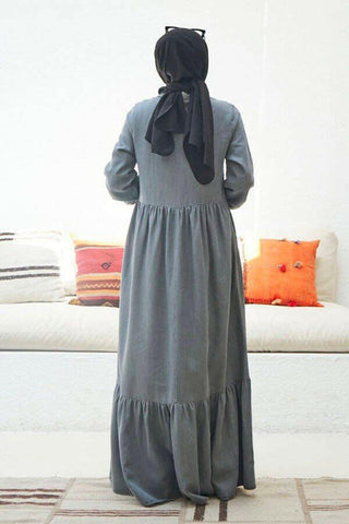 Button Front Designed Long Maxi Dress - In Soft Cotton Denim with Long Sleeves - By Baano