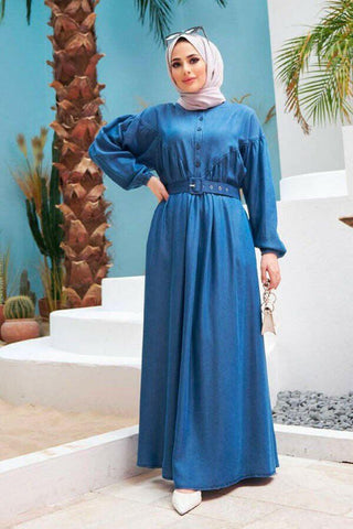 Beautiful Button Front Belted Long Maxi Dress - Abaya - With Side Pocket - By Baano