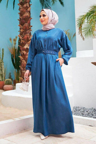 Beautiful Button Front Belted Long Maxi Dress - Abaya - With Side Pocket - By Baano