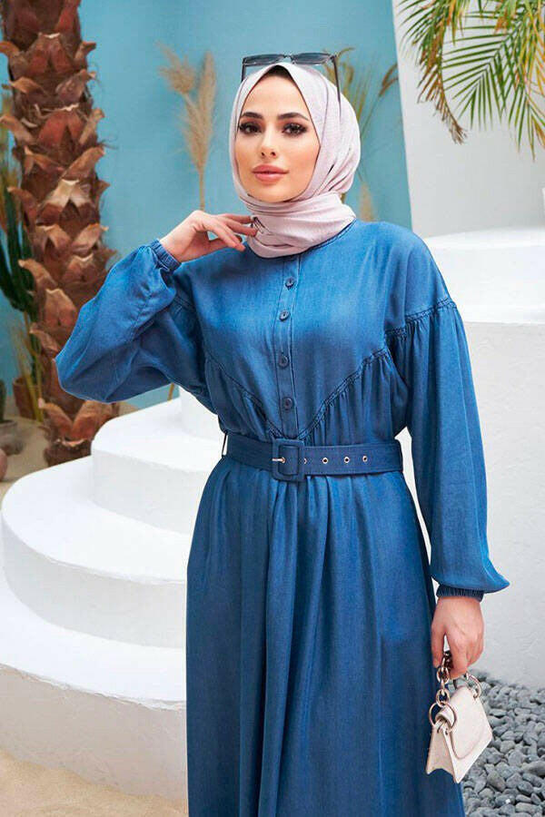 Beautiful Button Front Belted Long Maxi Dress - Abaya - With Side Pocket - By Baano