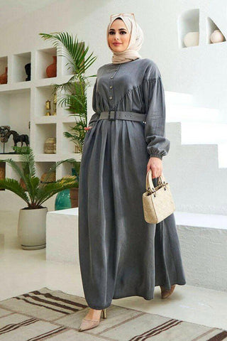 Beautiful Button Front Belted Long Maxi Dress - Abaya - With Side Pocket - By Baano