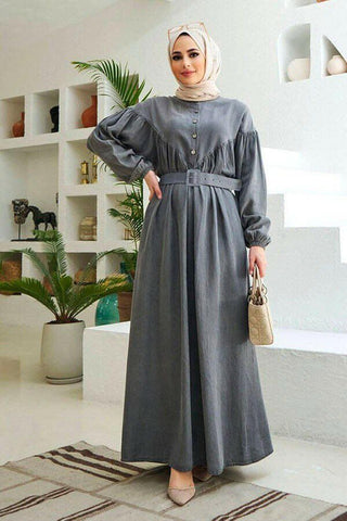 Beautiful Button Front Belted Long Maxi Dress - Abaya - With Side Pocket - By Baano