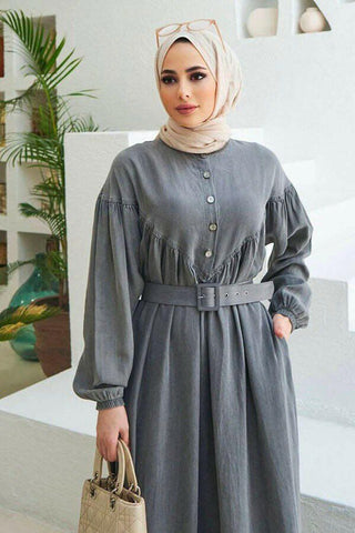 Beautiful Button Front Belted Long Maxi Dress - Abaya - With Side Pocket - By Baano