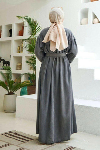 Beautiful Button Front Belted Long Maxi Dress - Abaya - With Side Pocket - By Baano