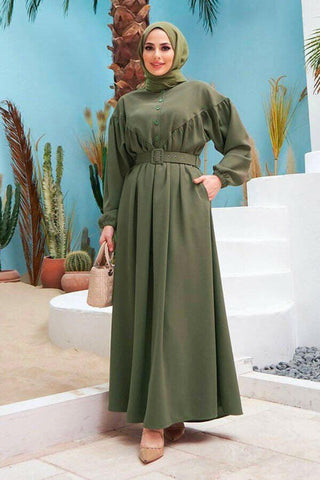 Beautiful Button Front Belted Long Maxi Dress - Abaya - With Side Pocket - By Baano