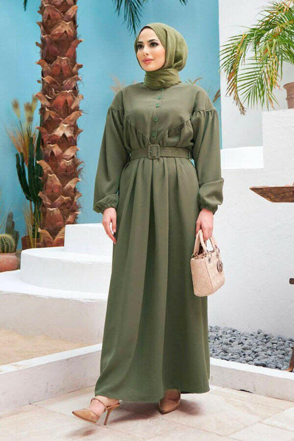 Beautiful Button Front Belted Long Maxi Dress - Abaya - With Side Pocket - By Baano