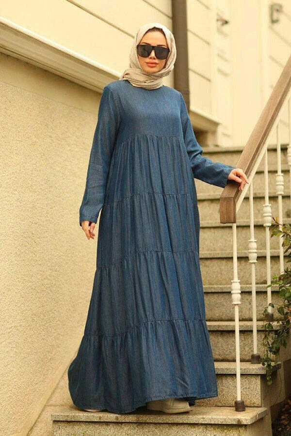 Tiered Long Maxi Dress - Modestly Designed Maxi Dress By Baano 38 Black Sea Blue 