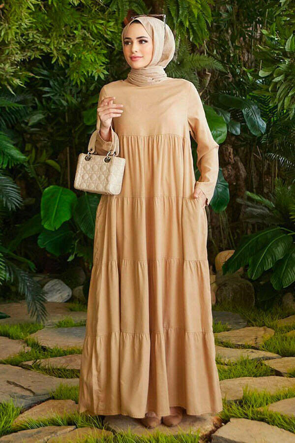 Tiered Long Maxi Dress - Modestly Designed Maxi Dress By Baano 40 Caramel Ice-cream 