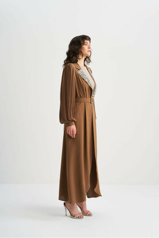 Pleated Sleeves Open Front Abaya with Sequin Design - Handmade - By Baano