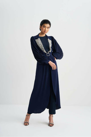 Pleated Sleeves Open Front Abaya with Sequin Design - Handmade - By Baano