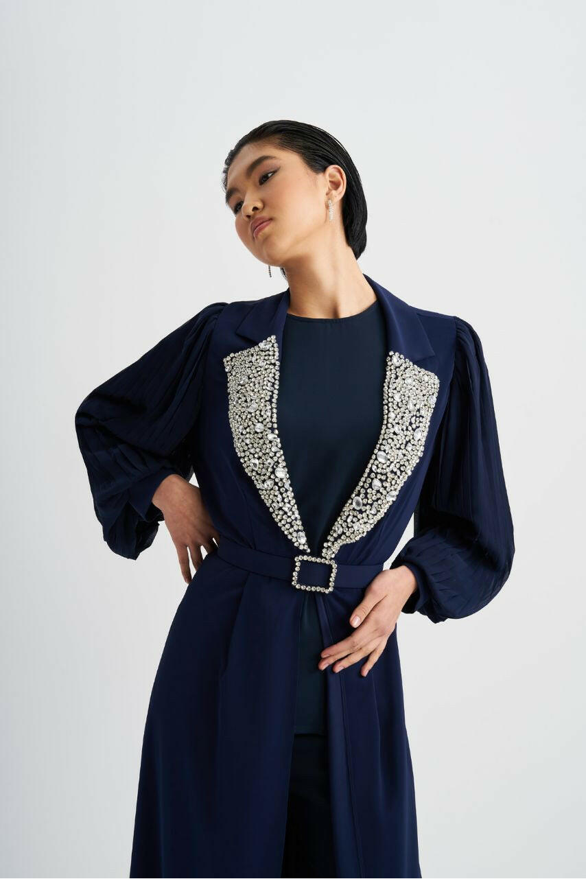 Pleated Sleeves Open Front Abaya with Sequin Design - Handmade - By Baano
