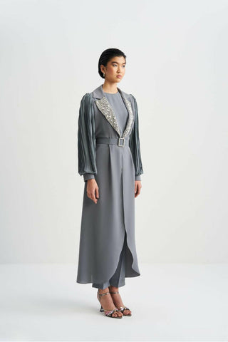 Pleated Sleeves Open Front Abaya with Sequin Design - Handmade - By Baano