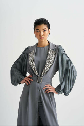 Pleated Sleeves Open Front Abaya with Sequin Design - Handmade - By Baano