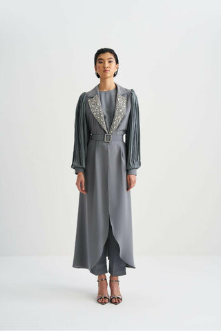 Pleated Sleeves Open Front Abaya with Sequin Design - Handmade - By Baano