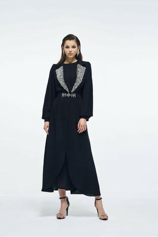 Pleated Sleeves Open Front Abaya with Sequin Design - Handmade - By Baano