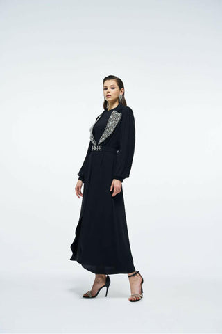 Pleated Sleeves Open Front Abaya with Sequin Design - Handmade - By Baano