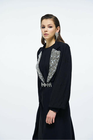 Pleated Sleeves Open Front Abaya with Sequin Design - Handmade - By Baano