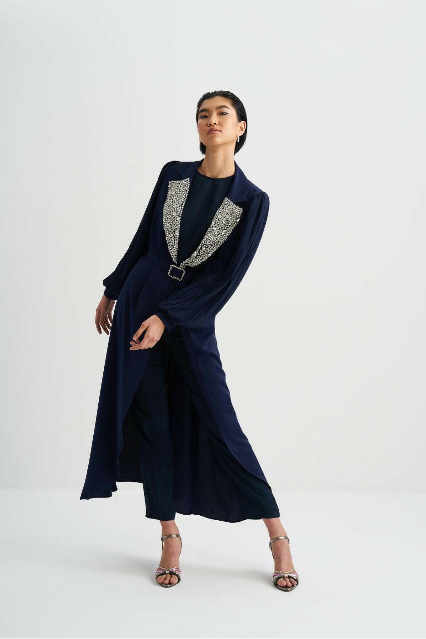 Pleated Sleeves Open Front Abaya with Sequin Design - Handmade - By Baano