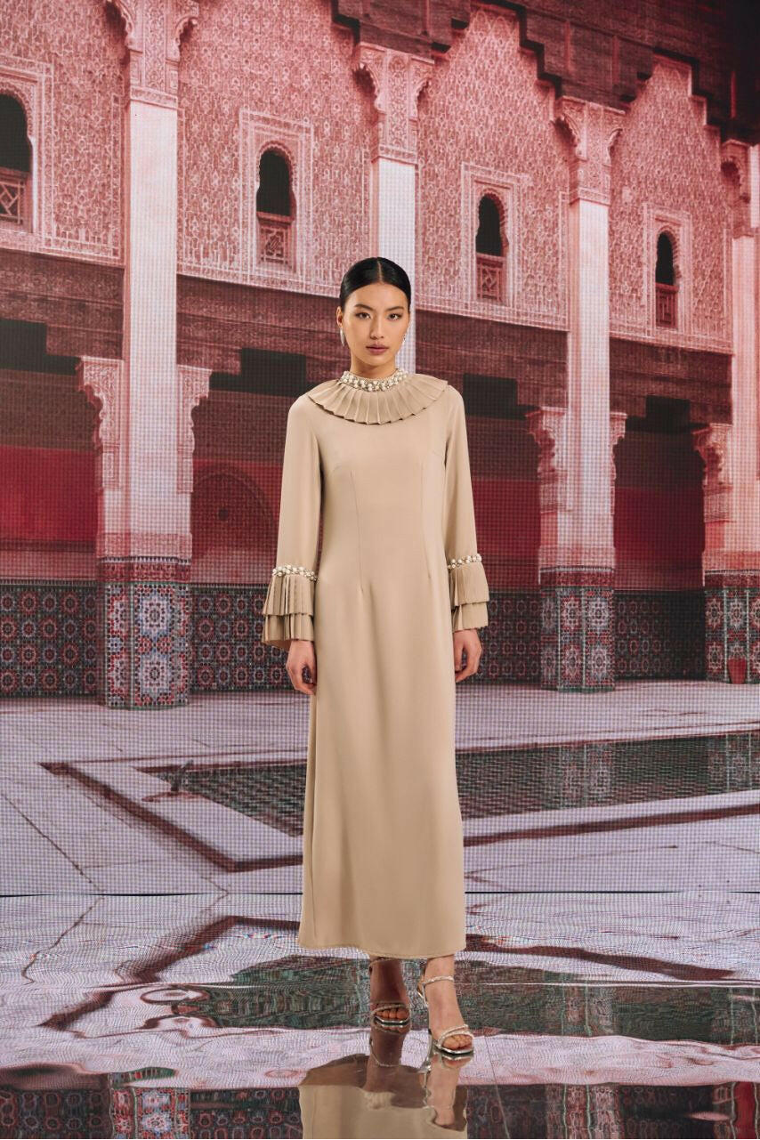 Greek Style A - Line Dress with Ruffle Neckline and Sleeves Long Maxi By Baano 40 Burlywood Beige 